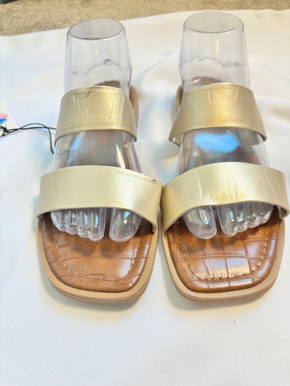 Zuffymona Gold Double Strap Slide Sandals Croc Footbed Womens 10 NWT